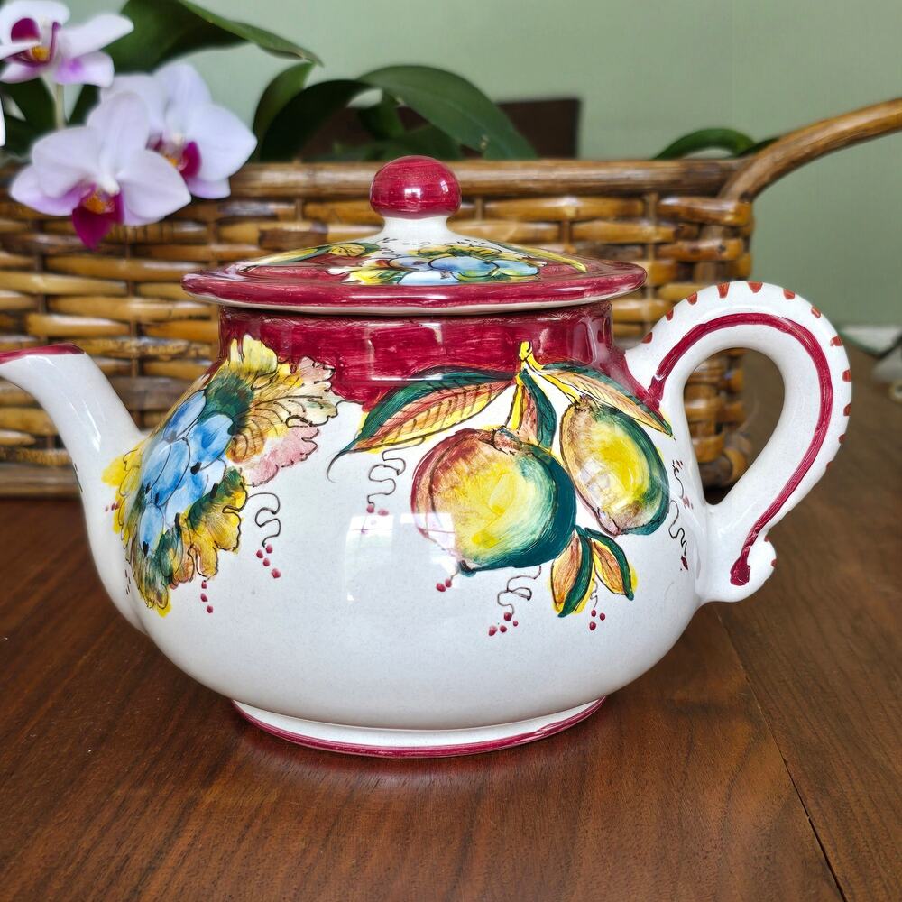 Deruta Hand Painted Teapot Red Multi Summer Fruit Italy Cottagecore Gardencore